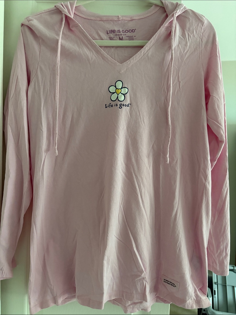 Life Is Good Pink V-Neck Hoodie with Daisy Graphic